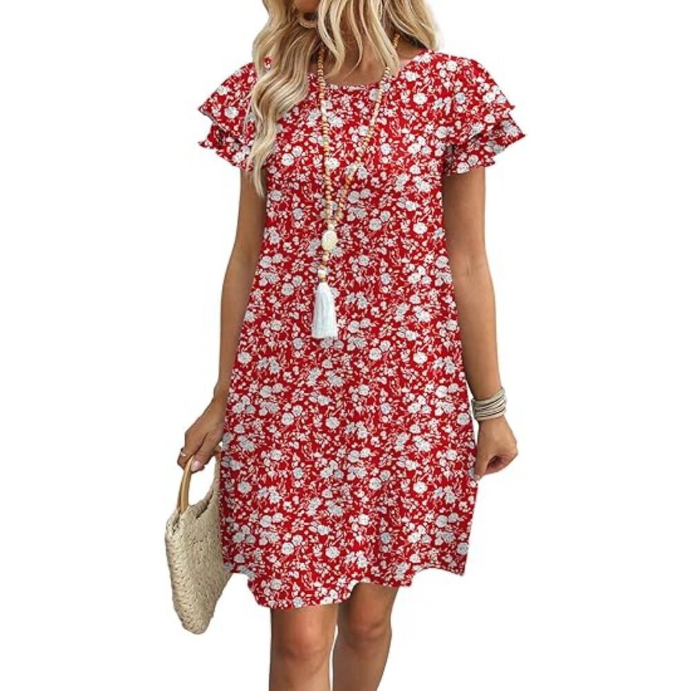 Women's White Red Ruffle Sleeve Round Neck Loose With Pockets Plain Print Dress